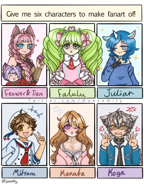 SIX FANARTS CHALLENGE!!I took some requests from twitter and drew some good boys and girls(in order: