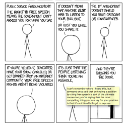 kohenari:  &ldquo;I can’t remember where I heard this, but someone once said that defending a position by citing free speech is sort of the ultimate concession; you’re saying that the most compelling thing you can say for your position is that it’s