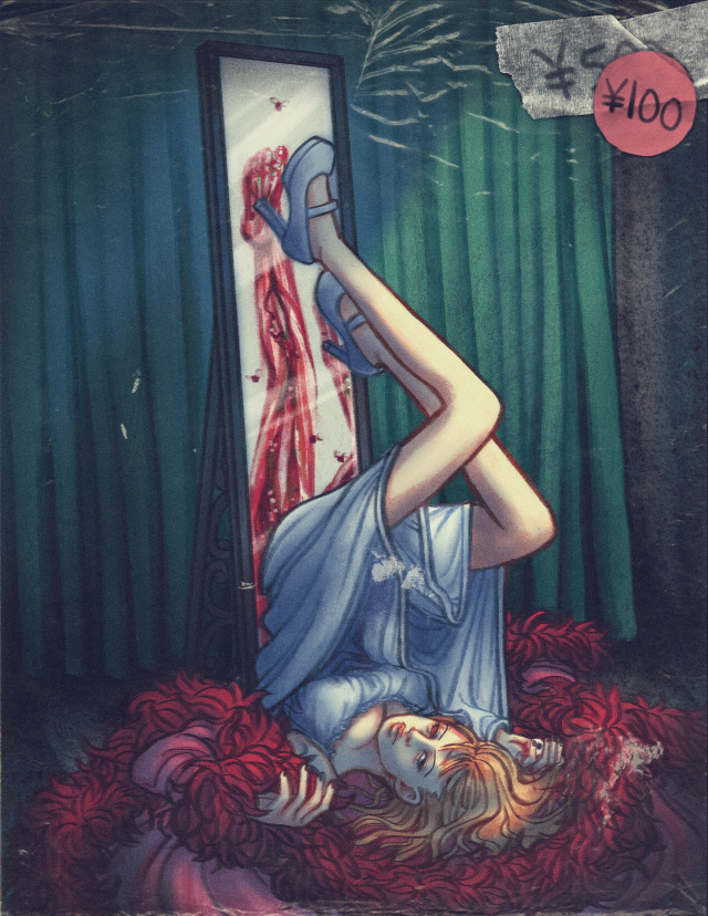 fanart for the manga helter skelter. ririko lays upside down in front of a mirror, her legs up in the air resting on its surface. she looks and dresses like the model she is, but in the reflection her legs are stripped of skin, flayed muscle with rot and bugs inside it along her bones. one of her eyes has been gouged out and rests in her hand. the entire image is covered in plastic film, with cheap price tags proclaiming it being sold for 100 yen