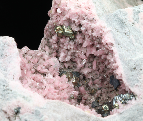 bijoux-et-mineraux:Rhodonite with Pyrite and Sphalerite - San Martin Mine, Chiurucu, Huallanca, Anca