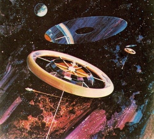 Space colonies as envisioned by NASA circa the 1970s. The wheel-shaped construction was quite popula