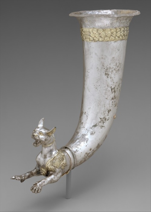 ancientart:Rhyton terminating in the forepart of a wild cat. Parthian, ca. 1st century B.C.Elaborate