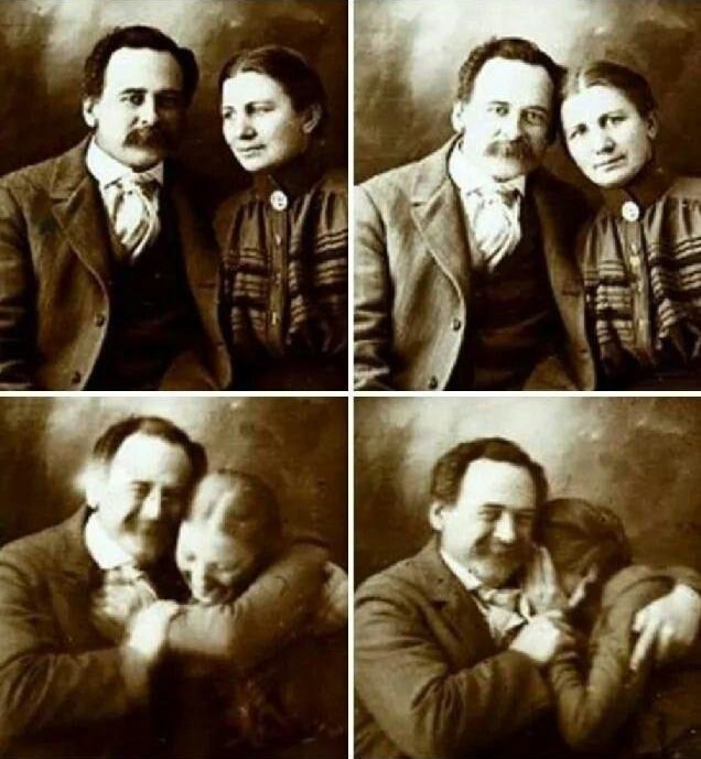 A Victorian couple trying not to laugh while having their portraits done.