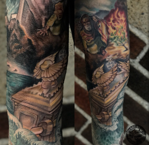 Some finished shots of this Moses and the Ten Commandments freehand sleeve by artist Jonathan Silva 