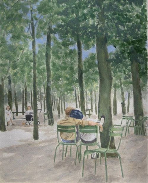 Jardin du Luxembourg, Together    -    Eduard de Vries, 2015.Dutch,b.1940-Acrylic on paper , 38 x 39