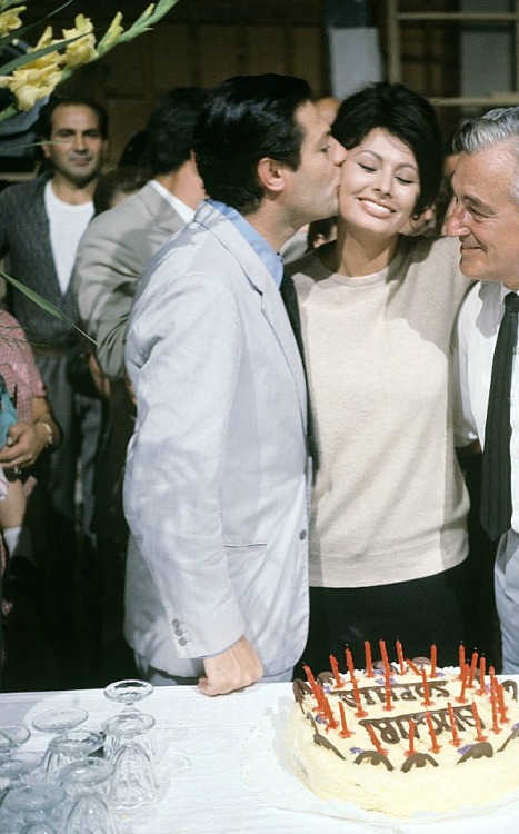 mattybing1025:  Sophia Loren celebrates her birthday with Italian director Vittorio De Sica and Marc