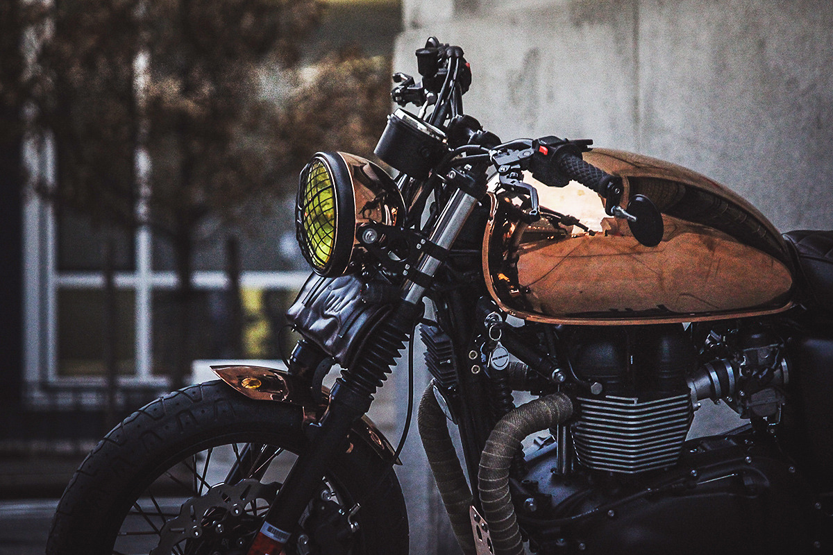 caferacerpasion:  Bronze mine! Triumph Bonneville ‪Brat Style‬ “Miss Moneypenny”