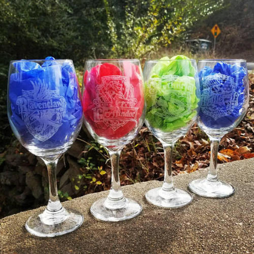 Grab these Harry Potter inspired laser-etched wine glasses from  Crafter Under The Stair on Etsy.