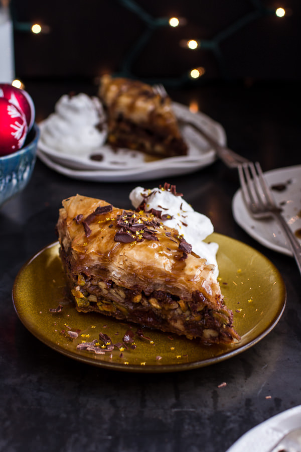 sweetoothgirl:  Chocolate “Candy Bar” Baklava with Butter Rum Sauce 