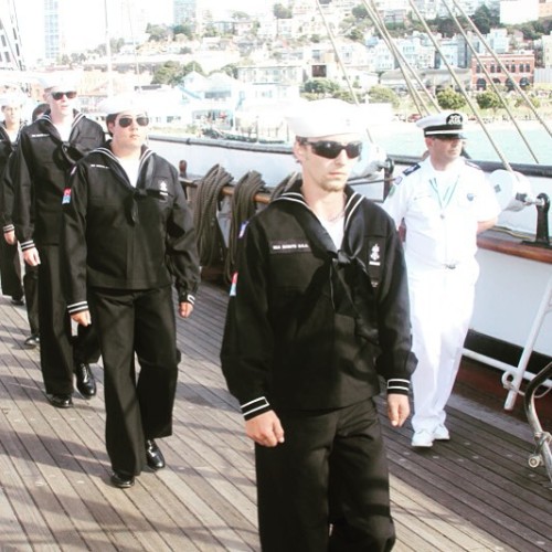 #SeaScouts from the @sssalbatross72 boarding the Balclutha for the #WRBridge. The ship was awesome for the bridge. Not a bad shot of me walking the deck in the background.