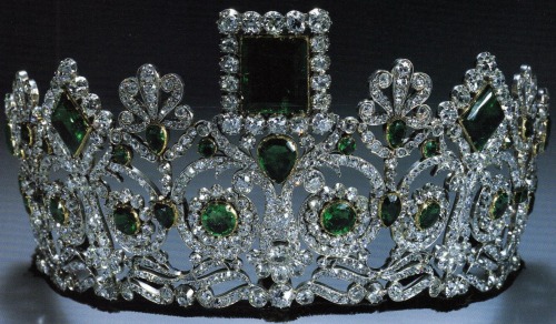 An emerald and diamond tiara mounted in gold and silver. This remarkable jewel is said to have belon