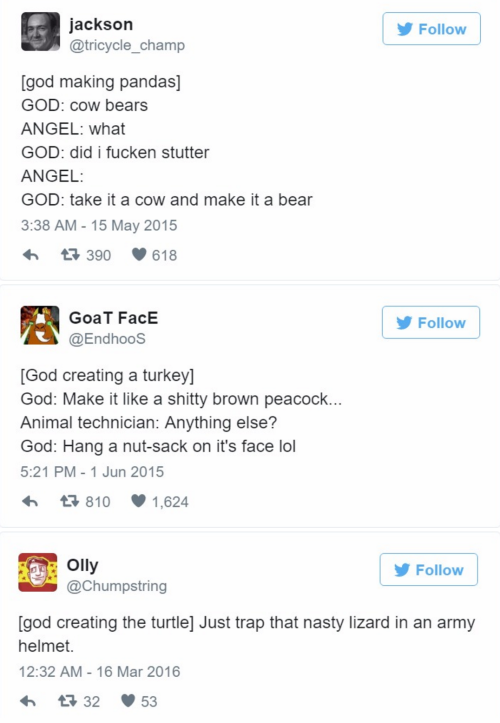 unluckybastardagentillinois:tastefullyoffensive:How God Created Animals (via boredpanda)Previously: 