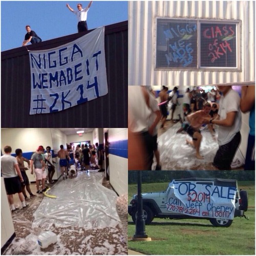 thetravelingminstrel:  so our school’a senior prank made it to the news and im literally laughing so hard  prank list: 1-Slip n slide inside 2- Drake lyric banner 3- Put the principals car for sale in front of the school 4-spray paint the trailor windows