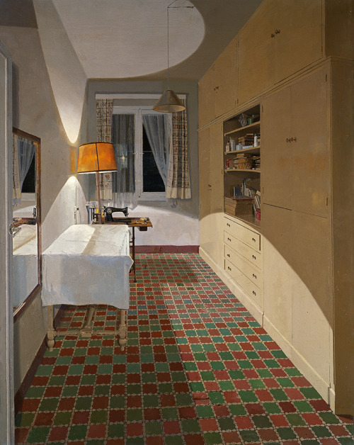 huariqueje:Sewing Room    -  Isabel Quintanilla  1974Spanish  b. 1938-Oil on board, 100 x 82 cm.