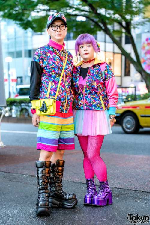 Japanese married couple Masao and Takako on the street in Harajuku wearing matching kawaii styles wi