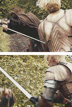 avorpalsword-deactivated2021022:   Steel met steel with a ringing, bone-jarring clang. Somehow Brienne had gotten her own blade out in time. Jaime laughed. “Very good, wench.” “Give me the sword, Kingslayer.”  “Oh, I will.” He sprang to his