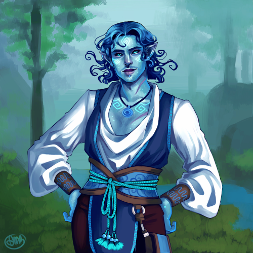 Svend “Newt” - an NPC in a D&D homebrew game I run! Water genasi rogue (assassin) / cleric (temp