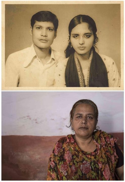 Foto combinada del antes y el después de la catástrofe: En la imagen superior, Zubeida Bi posa junto a su marido, Salim Rehman, en una fotografía familiar. En la imagen inferior, Zubeida posa sola, después de que su marido muriera en 1984 a...