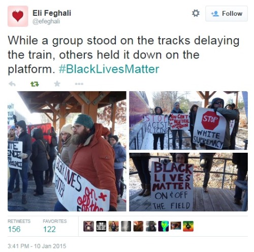 iwriteaboutfeminism:  Protesters in Boston stalled a train headed for the New England Patriots football game for four and a half minutes in solidarity with Ferguson and Michael Brown. Saturday, January 10th 