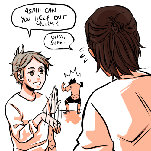 zombiezeemo:  I headcanon that Asahi has a very calming effect on Noya (to hilarious levels I guess) You can totally see where exactly I got tired 