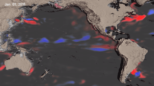 Data visualization of ocean temperature anomalies in the Pacific during an El Nino. A dark red blob of warm water appears to head from the central tropical ocean toward South America. Credit: NASA’s Scientific Visualization Studio