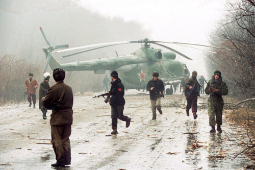 historium:A Russian Mi-8 helicopter shot down by Chechen fighters near the Chechen capital, Grozny, by Mikhail Evstafiev. 1994