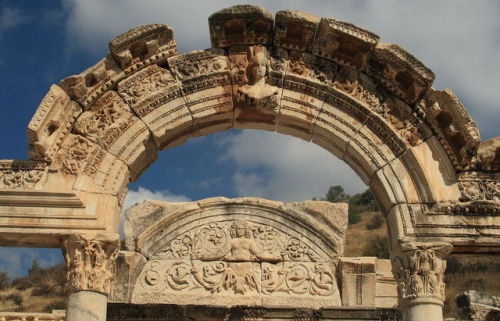 historyfilia:Front view of the facade of the Temple of Hadrianus at Ephesus, Turkey