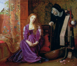 books0977:  The Pained Heart (aka ‘Sigh no more, ladies, sigh no more’) [c.1867-c.1872]. Arthur Hughes (English, 1832-1915). Oil on canvas. From Much Ado About Nothing. William Shakespeare.“Sigh no more, ladies, sigh no more.    Men were deceivers
