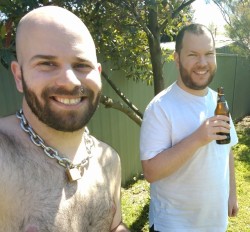 sungodprime:  I decided to do the food prep for the week on the new grill. Master joined me for some sun and beer.