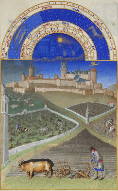 Très Riches Heures du Duc de Berry (1416), MarchThe snow has melted and the peasants go about