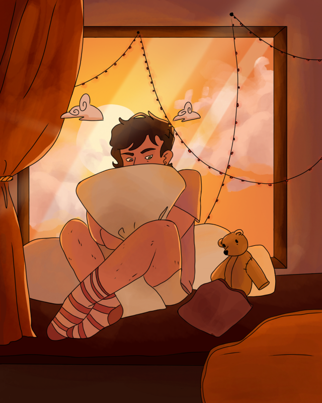 A drawing or Roman Sanders. he's hugging a pillow. behind him is a window showing a sunset. Next to him are more pillows, a teddy bear, and a stage curtain. 
