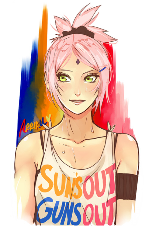arriku:  SUNS OUT GUNS OUT [inspired by this art] I love this idea so much so expect more drawings of Saku wearing this shirt in the future, maybe destroying buildings or bench pressing her teammates or both[patreon donors will receive this and other