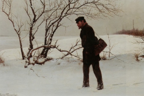 Charles Spencelayh (English, 1865-1958), A Winter Traveller, 1895. Oil on panel, 23 x 15 cm.