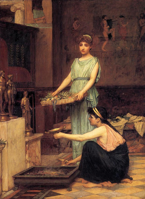 jw-waterhouse:TheHousehold Gods (ca.1880), by J.W. WaterhouseAnother work of Waterhouse in which he 