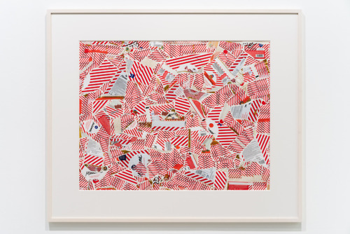 Tetsuro Kano, Dazzled signs, 2019100 x 120 cm, sticker, masking tape, oil pastel, pencil, gold trans