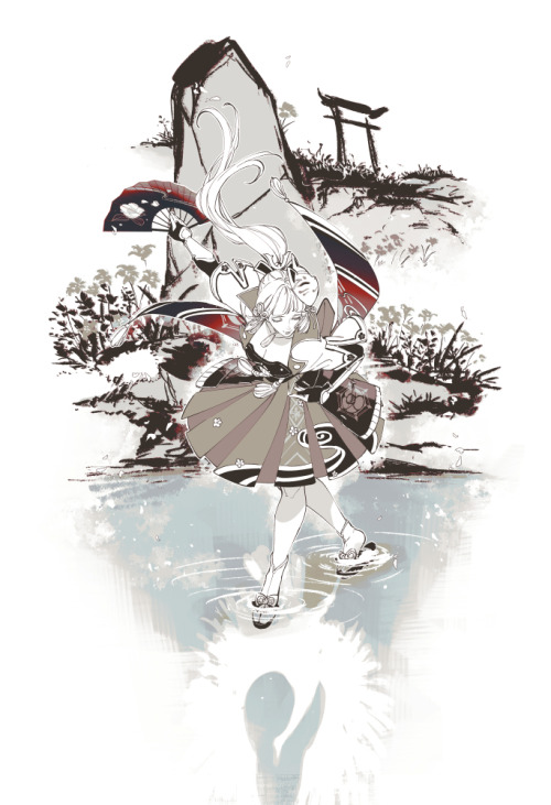 My monochromatic illustrations of Ayaka, Ei (the Raiden Shogun), Kokomi, and Mona from Genshin Impac
