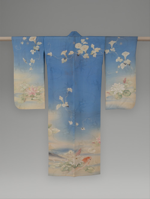 met-asian: 浅葱絽地鯉睡蓮朝顔模様単衣|Unlined Summer Kimono (Hito-e) with Carp, Water Lilies, and Morning Glories