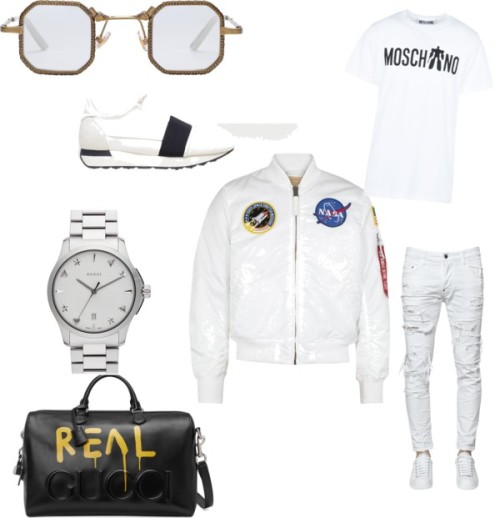 all wbite everything by louisjames featuring a mens leather duffle bagDsquared2 mens jeans, $765 / A