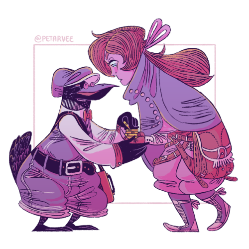 Chimes & EosAn illustration of @themanwhoplantedswag ‘s warlock-lad and kenku-grandpa-friend. Fo