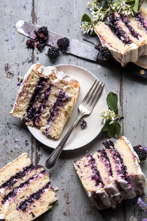 sweetoothgirl:  blackberry lavender naked cake with white chocolate buttercream