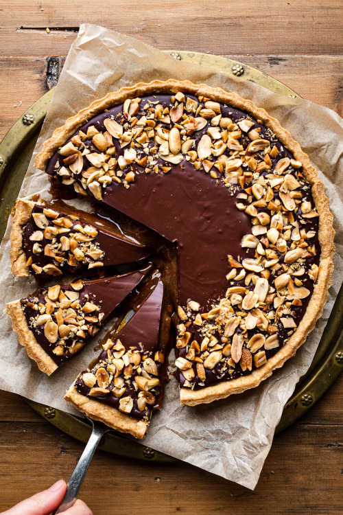 Vegan chocolate tart with peanut caramelVegan chocolate tart with peanut caramel is a delicious dess