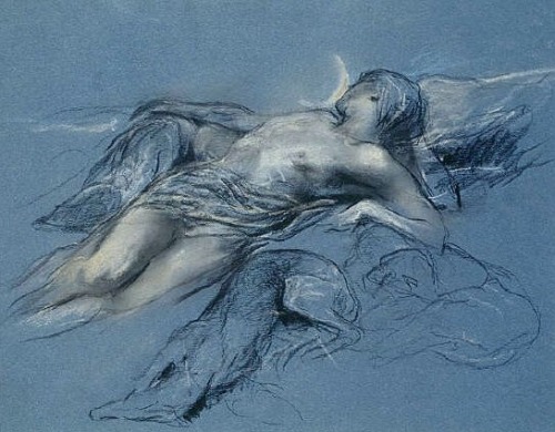 Moon Kissed - Endymion.c.1895.Pastel and pencil on blue paper.Art by Arthur Wardle.(1864-1949).