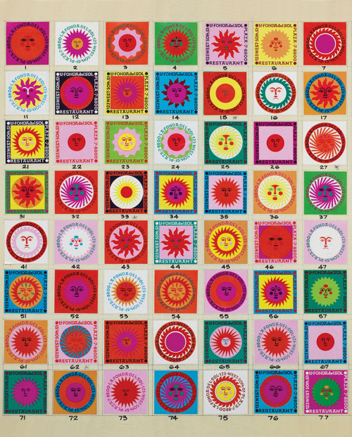 Vibrant matchbox designs for La Fonda del Sol restaurant in New York, by Alexander Girard circa 1960
