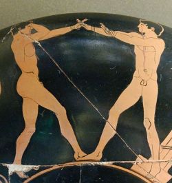 boysnmenart:  Boxing scene Louvre G384. Boxing  scene: athletes in guard position. Detail from an Attic red-figure cup,  ca. 470 BC. Found in Vulci.