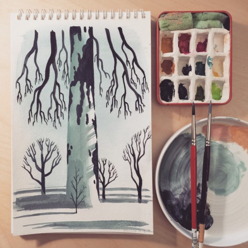 angelaan:Painting dump! Green trees are are watercolour and the other two are gouache using my handy dandy oven bake sculpy paint tin!  First tree is an Eyvind Earle study. I learned that he used magic.