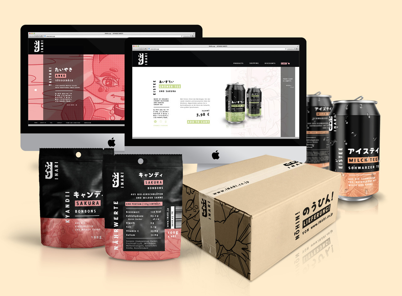 INARI my graduation exam for my communications design degree. I developed a brand that distributes japanese and japanese-inspired snacks and sweets in the western hemisphere.
I also went the extra mile and evaluated topics such as the Reason-Why,...