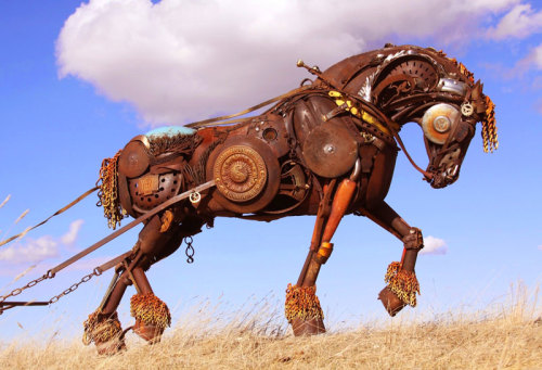 archiemcphee:  South Dakota-based artist John Lopez (previously featured here) creates awesome life-size sculptures of animals by welding together pieces of scrap metal, often pieces of abandoned farm machinery collected from local ranchers and farmers