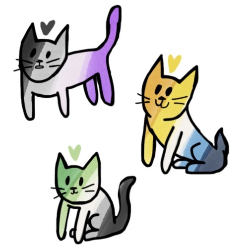three sloppy doodles of cats colored to look like the asexual, aromantic & aroace pride flags