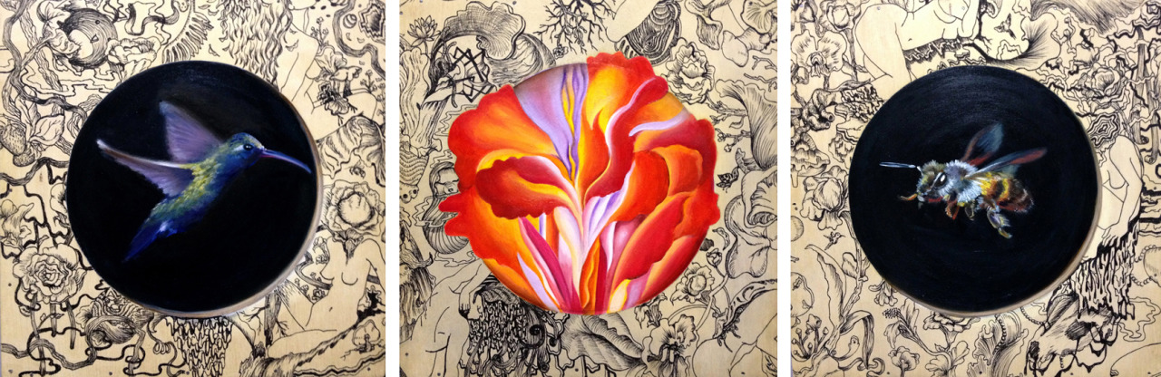 eatsleepdraw:  &ldquo;Birds and Bees&rdquo;, oil and ink on wood by Mek Yambao