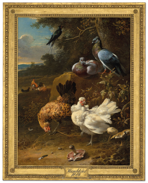 Melchior d'Hondecoeter (1636-1695) - A chicken, chicks and pigeons on a fence, in a landscape Oil on